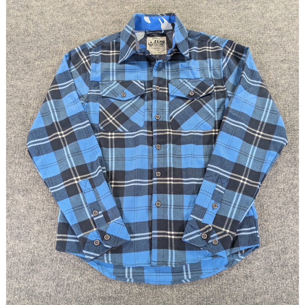 Zero Foxtrot Mens Small Blue Black Plaid Flannel Button Up Shirt Camo Trim